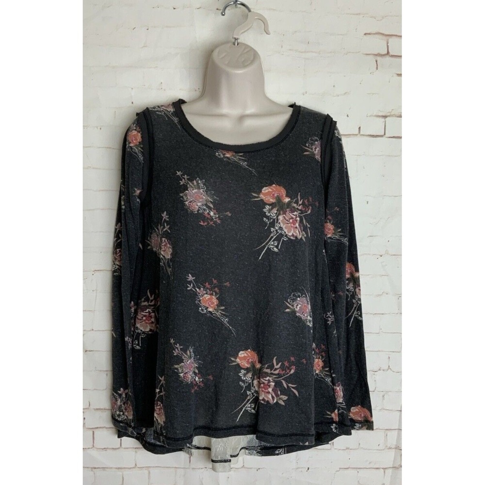 Rewind Womens Black‎ Floral Long Sleeve Blouse Top Lace Insert in Back Size S